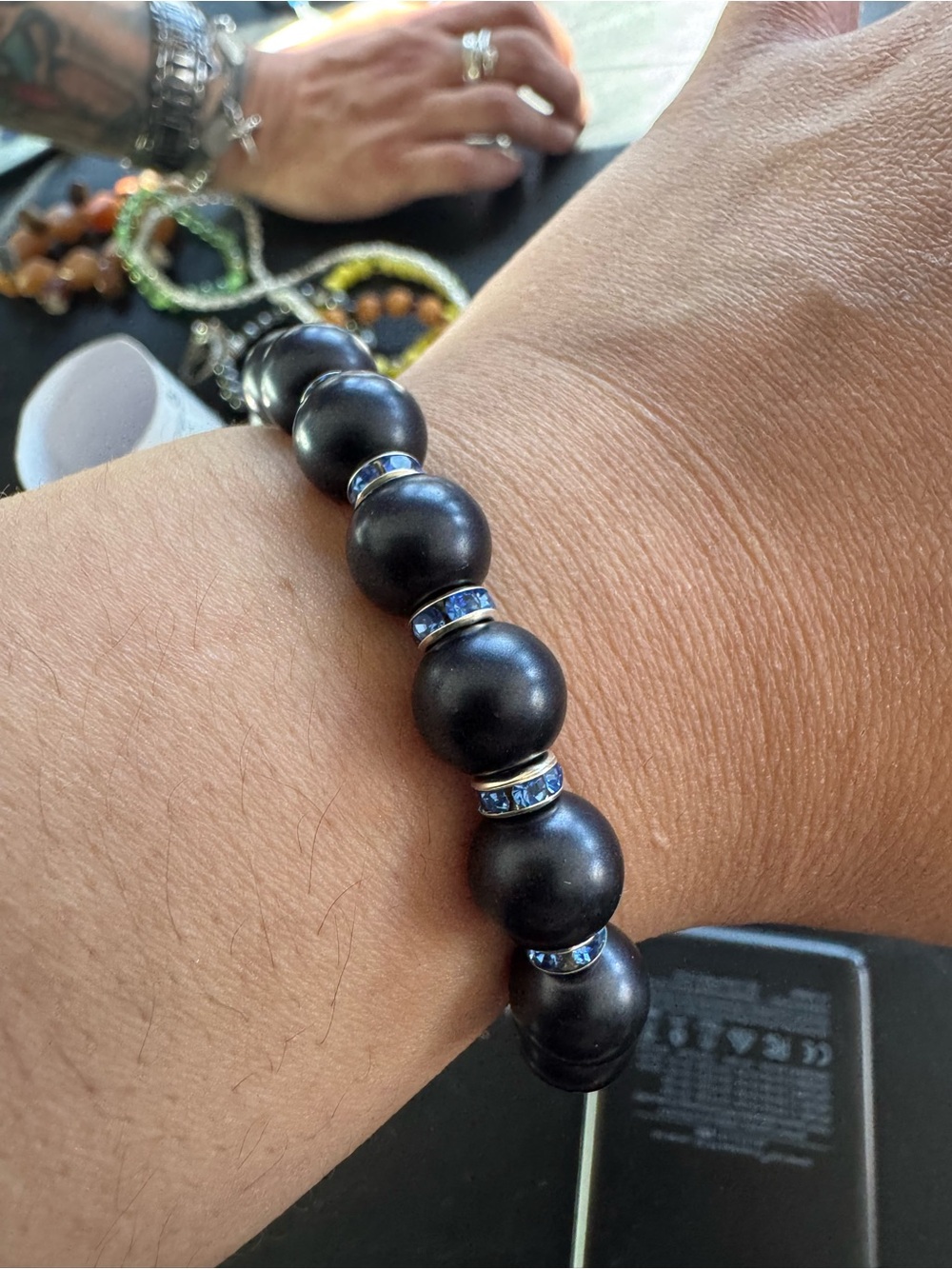 Black Beaded Bracelet with Blue Crystal Spacer Accents